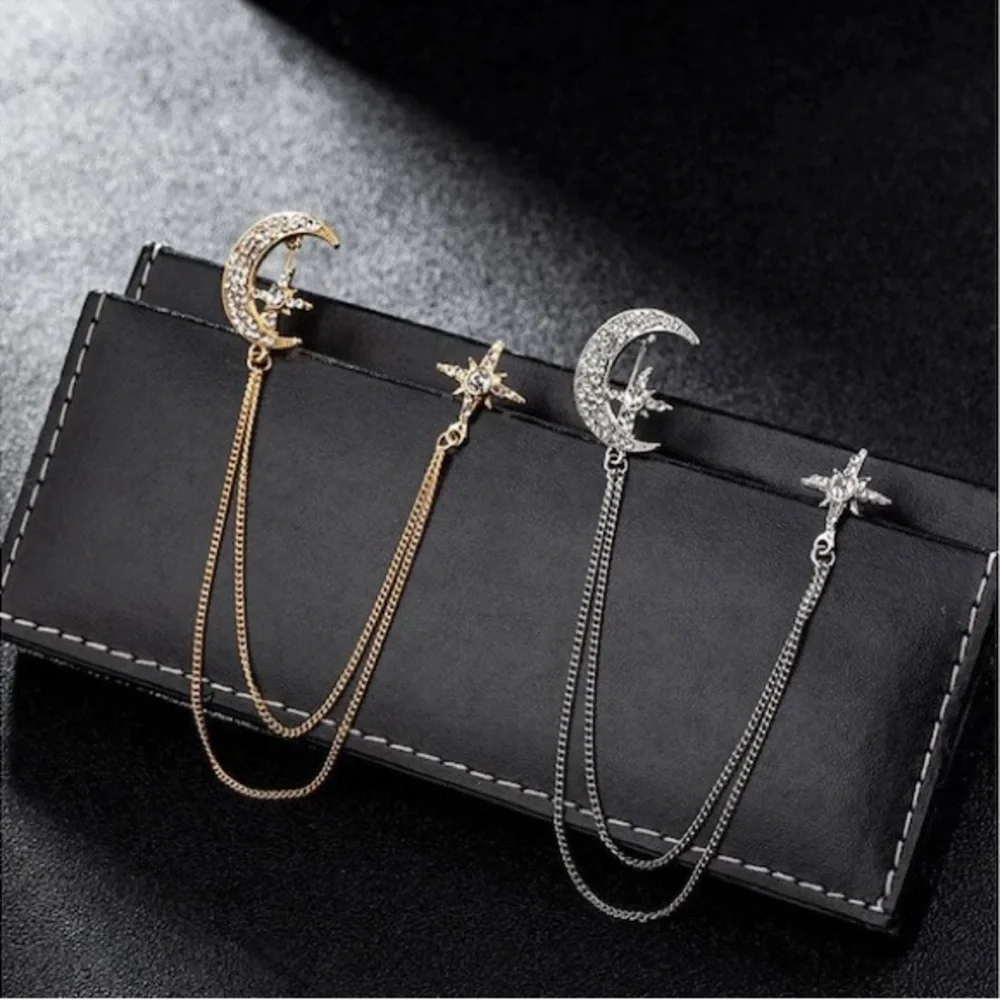 Fashion Rhinestone Star Brooch Pin Crystal Tassel Chain Lapel Pins